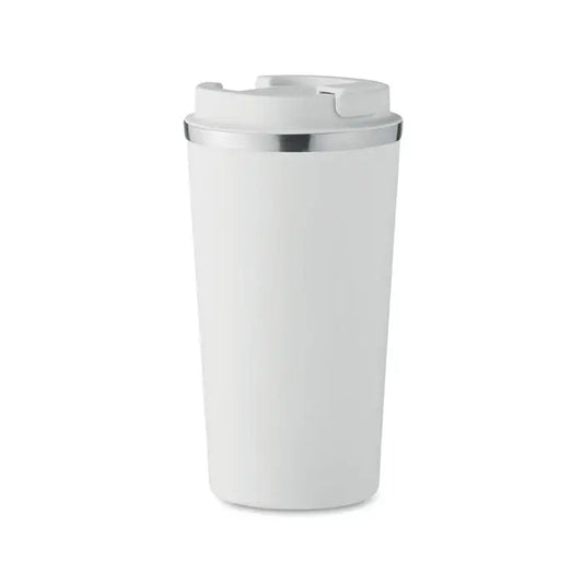 Pahar cu perete dublu 510 ml alb, izolat, cu margine si capac argintiu, ideal pentru bauturi calde sau reci