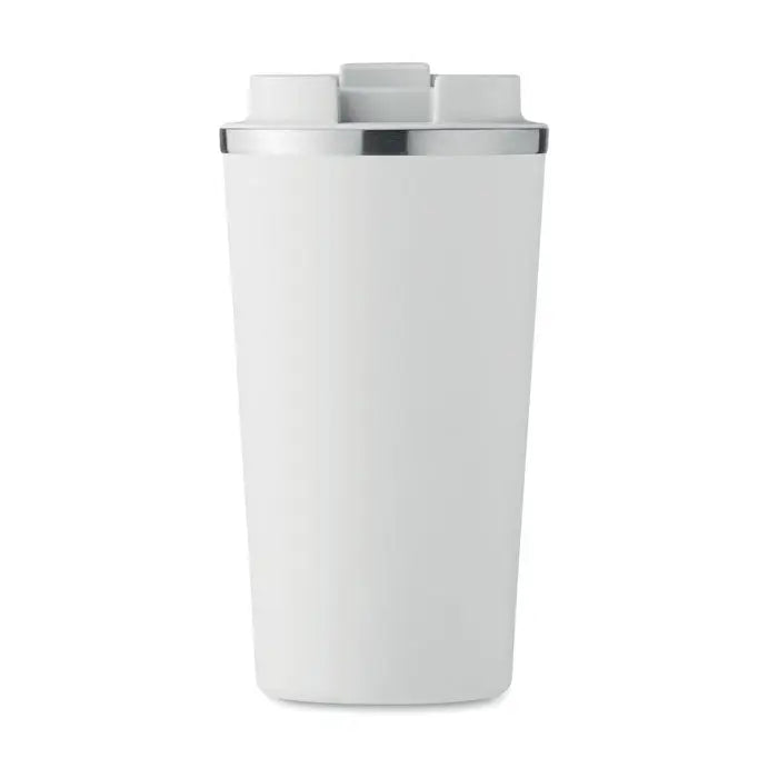 Pahar cu perete dublu alb cu capac si margine argintie, cana izolata pentru calatorii de 510 ml