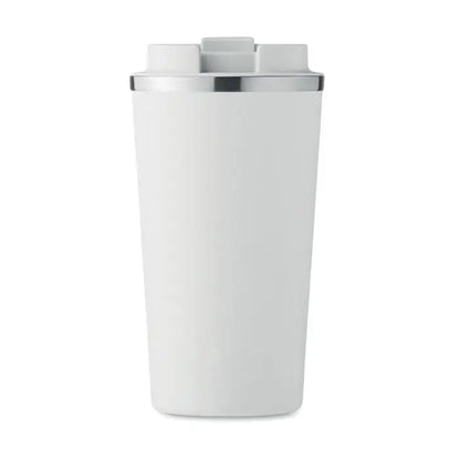 Pahar cu perete dublu alb cu capac si margine argintie, cana izolata pentru calatorii de 510 ml