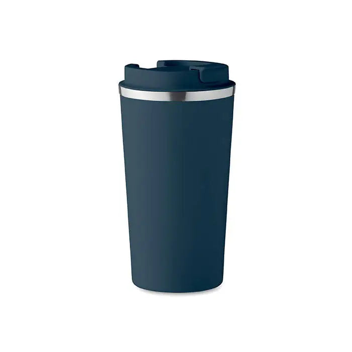 Pahar cu perete dublu 510 ml travel mug izolat navy blue cu margine argintie si capac negru flip-top