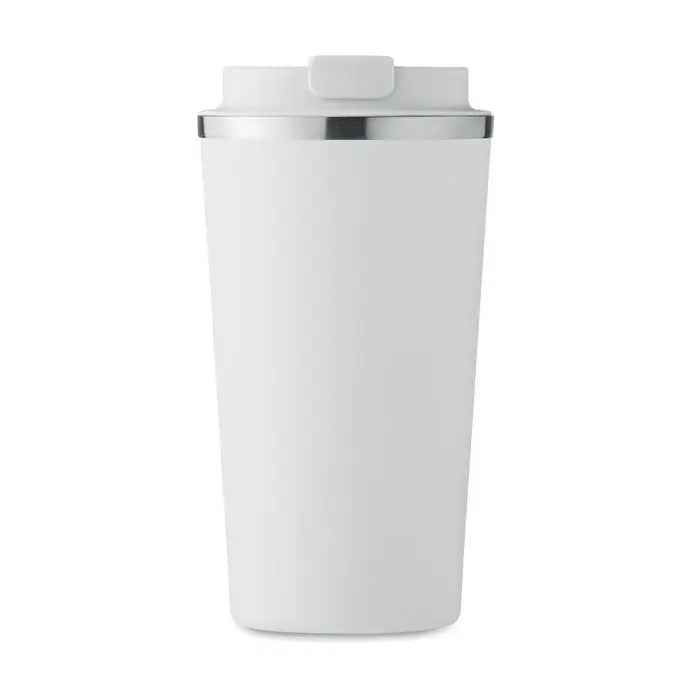 Pahar cu perete dublu 510 ml alb izolat cu capac si margine argintie pentru calatorii
