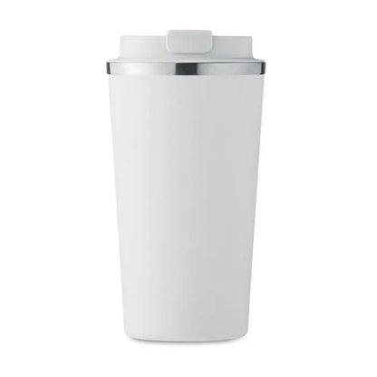 Pahar cu perete dublu 510 ml alb izolat cu capac si margine argintie pentru calatorii