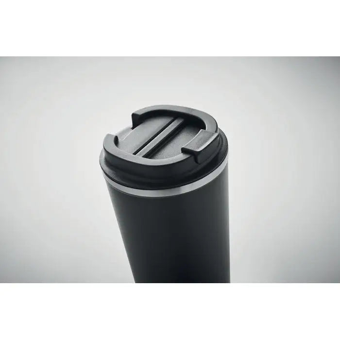 Pahar cu perete dublu 510 ml din otel inoxidabil negru, termos de calatorie cu design minimalist si accent argintiu