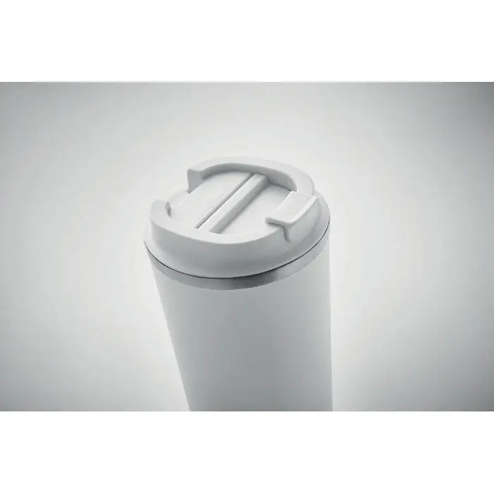 Pahar cu perete dublu 510 ml alb, cilindric, cu capac cu fante paralele și tab pentru deschidere
