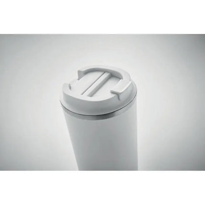 Pahar cu perete dublu 510 ml alb, cilindric, cu capac cu fante paralele și tab pentru deschidere