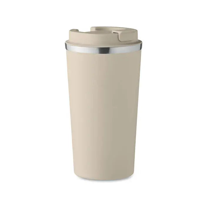 Beige pahar cu perete dublu de 510 ml izolat cu margine argintie si capac flip-top pentru calatorii