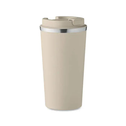 Beige pahar cu perete dublu de 510 ml izolat cu margine argintie si capac flip-top pentru calatorii