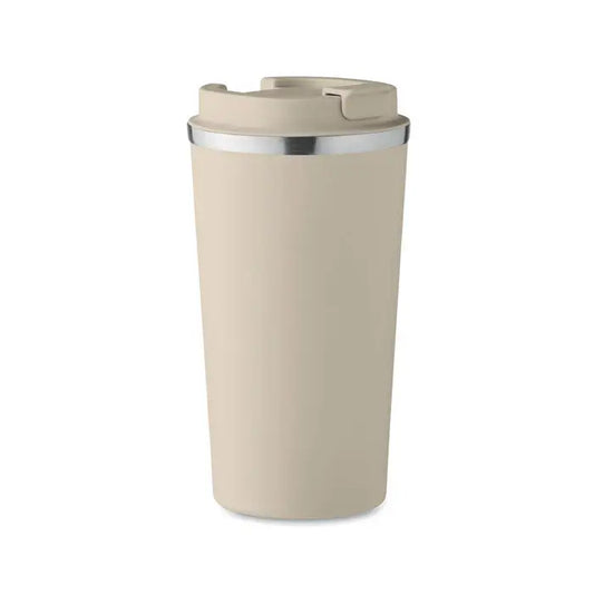 Beige pahar cu perete dublu de 510 ml izolat cu margine argintie si capac flip-top pentru calatorii