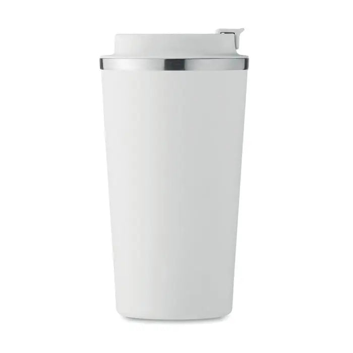 Pahar cu perete dublu alb cu capac flip-top si margine argintie, termos de calatorie izolat 510 ml