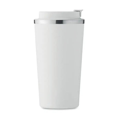 Pahar cu perete dublu alb cu capac flip-top si margine argintie, termos de calatorie izolat 510 ml