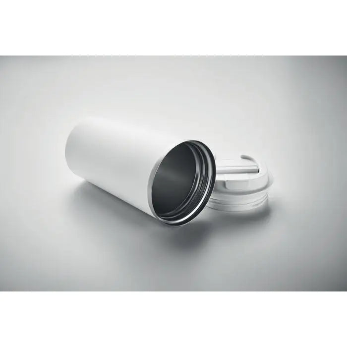 Pahar cu perete dublu 510 ml alb cu design minimalist si capac cu pai integrat pentru calatorii
