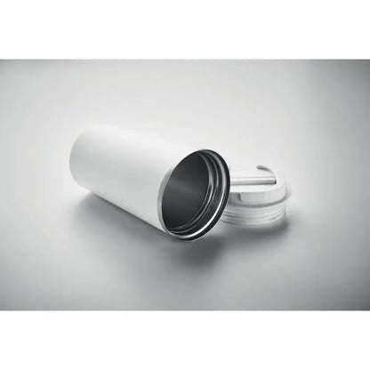 Pahar cu perete dublu 510 ml alb cu design minimalist si capac cu pai integrat pentru calatorii