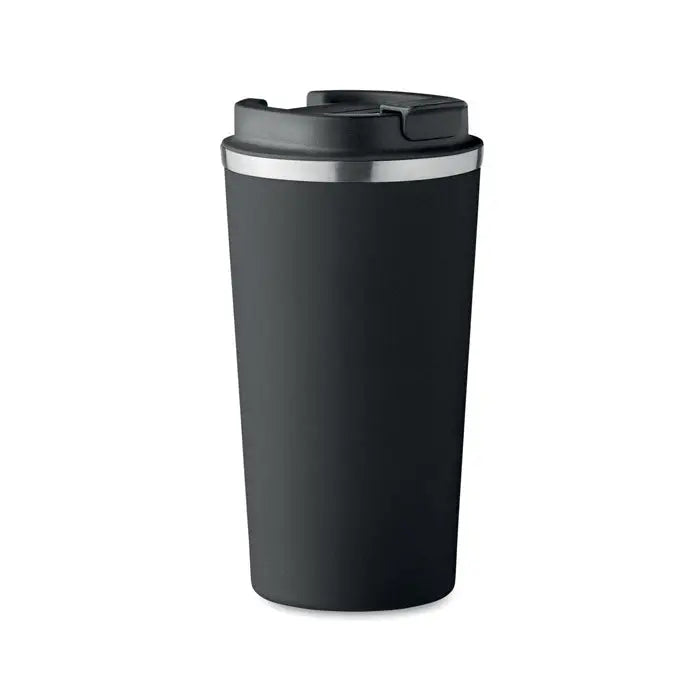 Pahar cu perete dublu 510 ml negru mat cu rimă argintie și capac izolat pentru băuturi călduțe sau reci