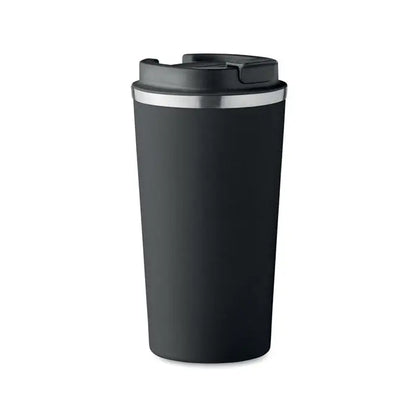 Pahar cu perete dublu 510 ml negru mat cu rimă argintie și capac izolat pentru băuturi călduțe sau reci