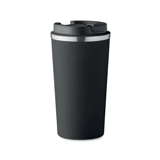 Pahar cu perete dublu 510 ml negru mat cu rimă argintie și capac izolat pentru băuturi călduțe sau reci