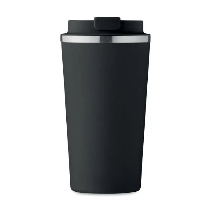Pahar cu perete dublu 510 ml din metal negru mat cu capac și margine argintie pentru călătorii
