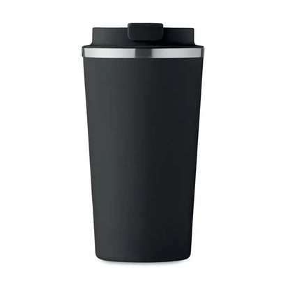Pahar cu perete dublu 510 ml din metal negru mat cu capac și margine argintie pentru călătorii