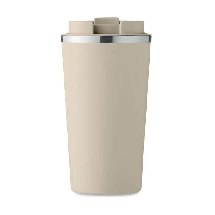 Pahar cu perete dublu 510 ml bej cu margine argintie si capac bej cu trei manere integrate pentru calatorii