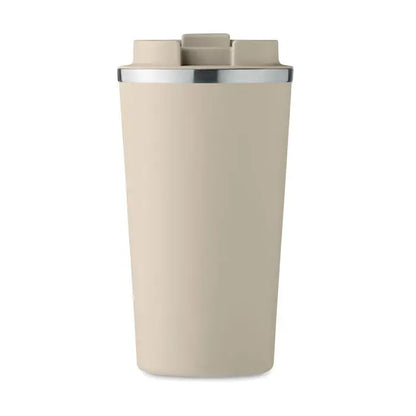 Pahar cu perete dublu 510 ml bej cu margine argintie si capac bej cu trei manere integrate pentru calatorii