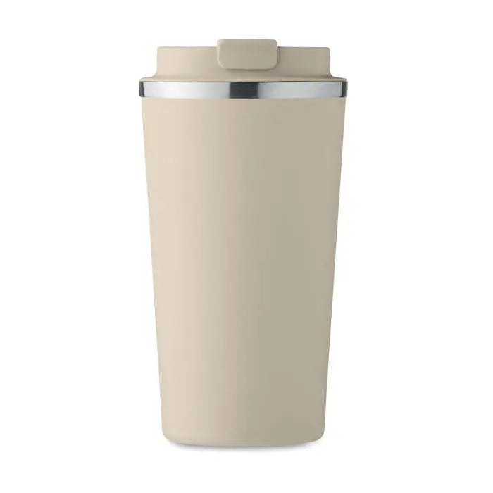 Pahar cu perete dublu 510 ml beige cu inel argintiu si capac flip-top pentru calatorii