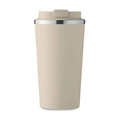 Pahar cu perete dublu 510 ml beige cu inel argintiu si capac flip-top pentru calatorii
