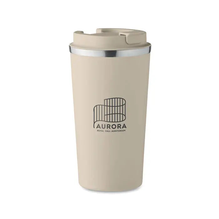 Beige pahar cu perete dublu 510 ml cu margine argintie si capac flip-top cu logo aurora royal hall auditorium