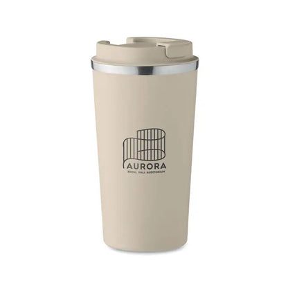 Beige pahar cu perete dublu 510 ml cu margine argintie si capac flip-top cu logo aurora royal hall auditorium