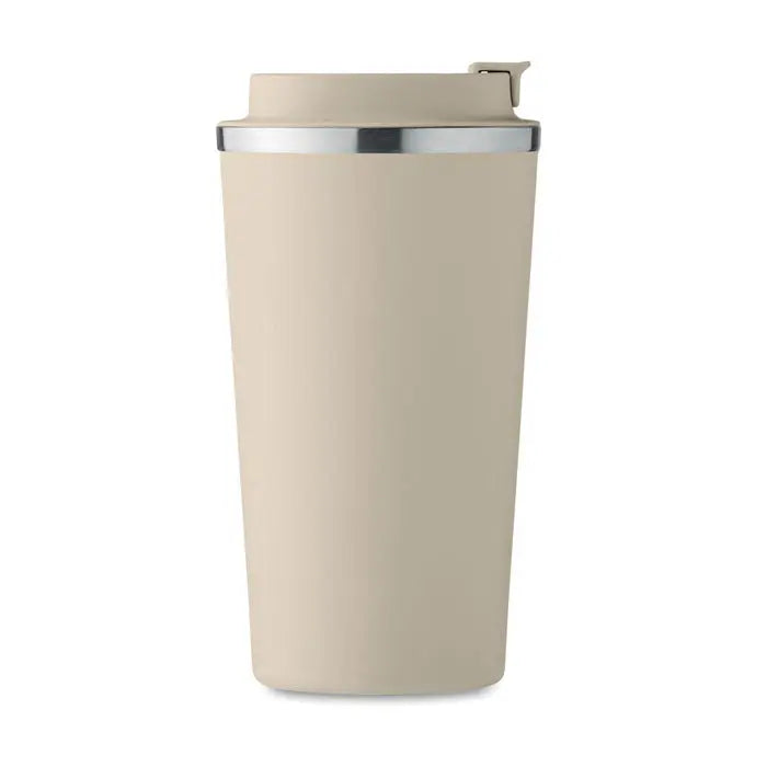 Pahar cu perete dublu 510 ml beige cu margine argintie si capac flip-top pentru calatorii