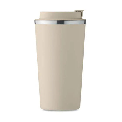 Pahar cu perete dublu 510 ml beige cu margine argintie si capac flip-top pentru calatorii