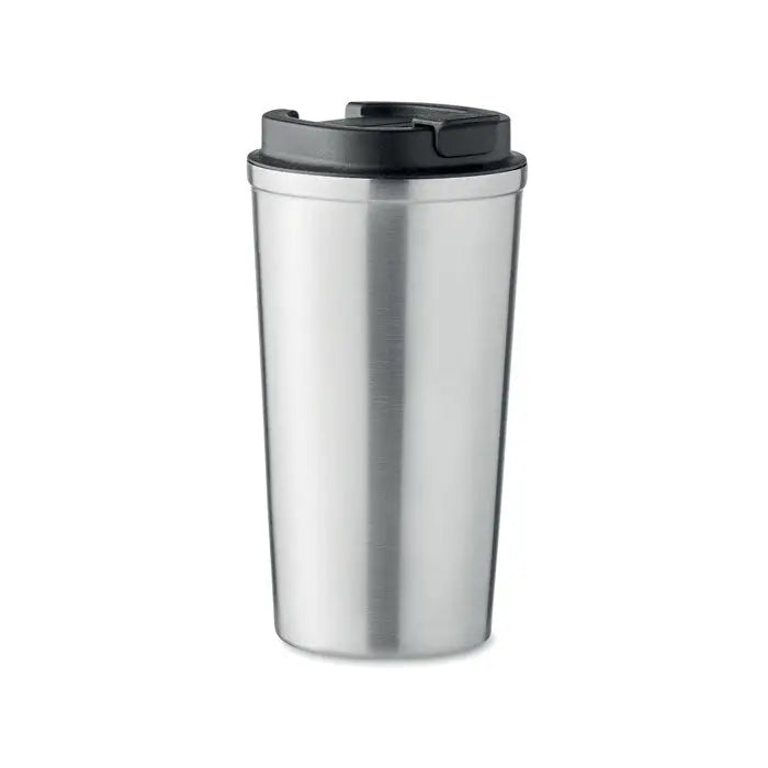 Pahar cu perete dublu 510 ml din oțel inoxidabil argintiu cu capac negru din plastic pentru călătorii