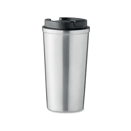 Pahar cu perete dublu 510 ml din oțel inoxidabil argintiu cu capac negru din plastic pentru călătorii