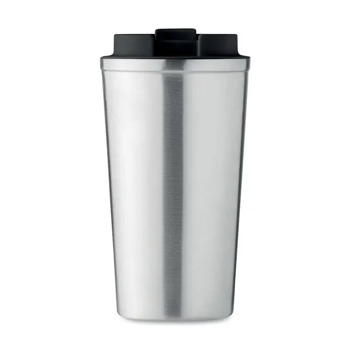 Pahar cu perete dublu 510 ml din otel inoxidabil argintiu cu capac din plastic negru pentru calatorii