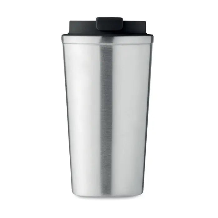 Pahar cu perete dublu 510 ml din oțel inoxidabil argintiu cu capac negru din plastic pentru călătorii