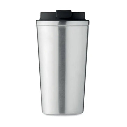Pahar cu perete dublu 510 ml din oțel inoxidabil argintiu cu capac negru din plastic pentru călătorii