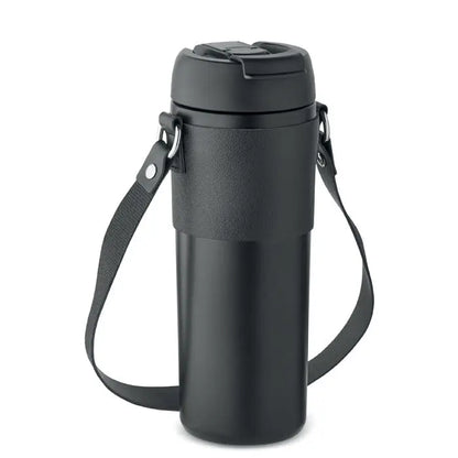 Pahar cu perete dublu 700 ml negru izolat cu corp mat si capac cu curea reglabila pentru transport usor