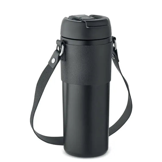 Pahar cu perete dublu 700 ml negru izolat cu corp mat si capac cu curea reglabila pentru transport usor