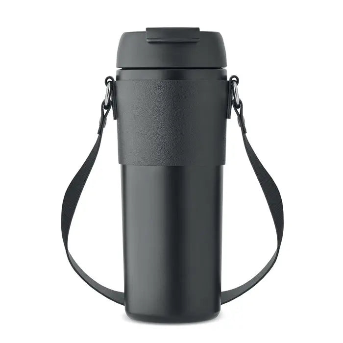 Pahar cu perete dublu 700 ml negru izolant cu finisaj mat si capac cu bretea reglabila pentru transport facil