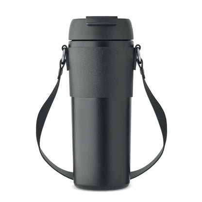Pahar cu perete dublu 700 ml negru izolant cu finisaj mat si capac cu bretea reglabila pentru transport facil
