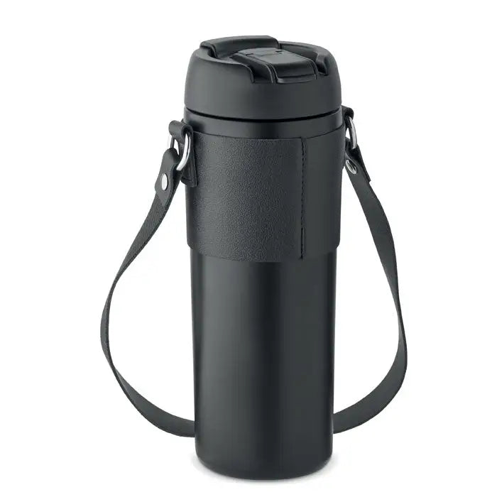 Pahar cu perete dublu 700 ml negru cu maner din piele texturata si capac modern pentru calatorii