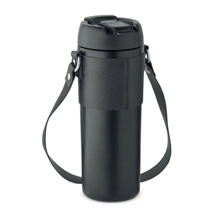 Pahar cu perete dublu 700 ml negru cu maner din piele texturata si capac modern pentru calatorii