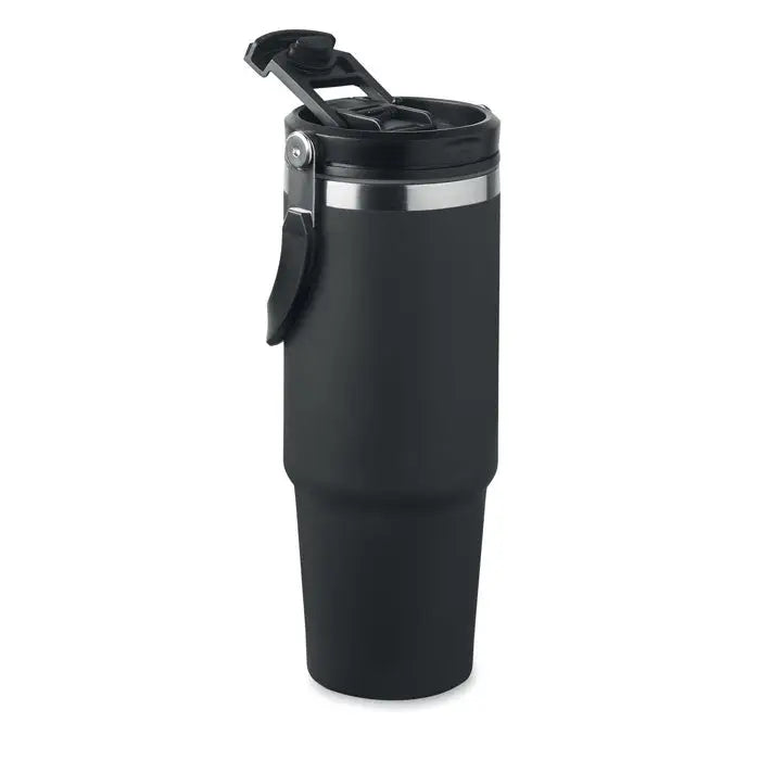 Pahar cu perete dublu 850 ml negru, termos izolat cu finisaj mat si inel si capac din otel inoxidabil