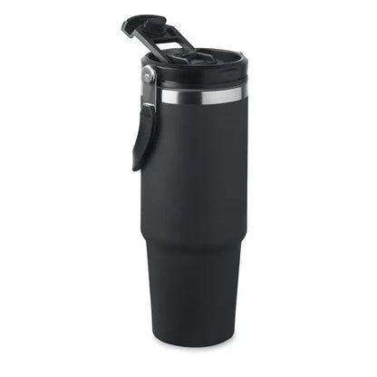 Pahar cu perete dublu 850 ml negru, termos izolat cu finisaj mat si inel si capac din otel inoxidabil