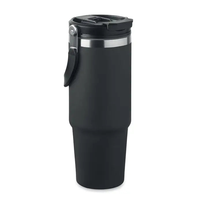 Pahar cu perete dublu 850 ml negru cu finisaj mat, bandă argintie și capac cu mecanism flip-top sigur