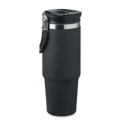 Pahar cu perete dublu 850 ml negru cu finisaj mat, bandă argintie și capac cu mecanism flip-top sigur