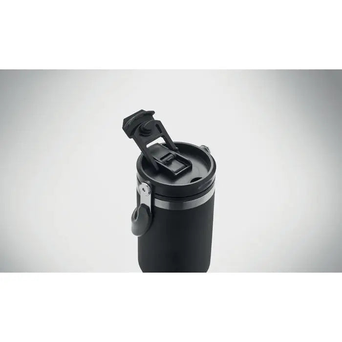 Pahar cu perete dublu 850 ml negru izolat cu design modern si capac flip-top sigur cu banda argintie