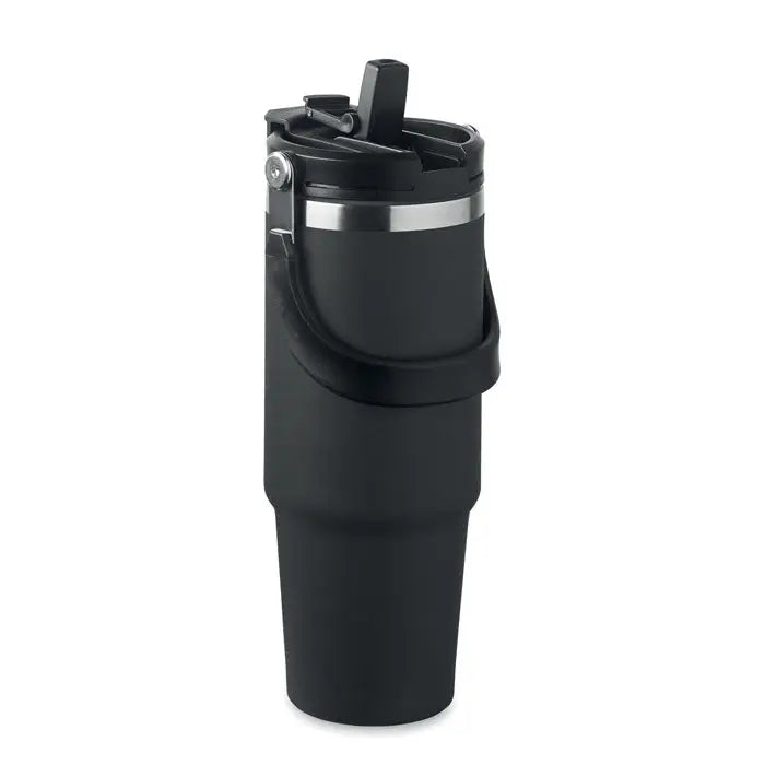 Pahar cu perete dublu 850 ml negru izolat termic cu finisaj mat si banda argintie la capac