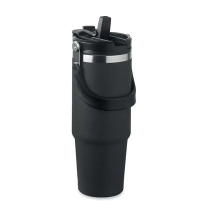 Pahar cu perete dublu 850 ml negru izolat termic cu finisaj mat si banda argintie la capac
