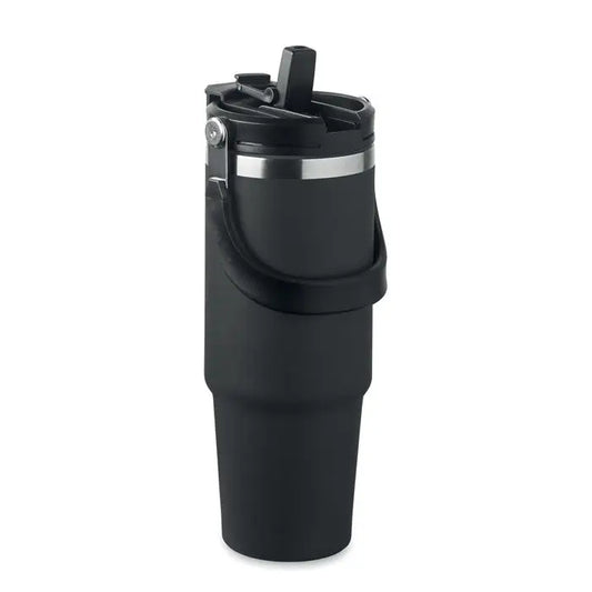 Pahar cu perete dublu 850 ml negru izolat termic cu finisaj mat si banda argintie la capac