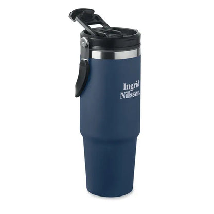 Pahar cu perete dublu 850 ml albastru închis, termos de călătorie cu capac negru, mâner și bandă argintie personalizat alb