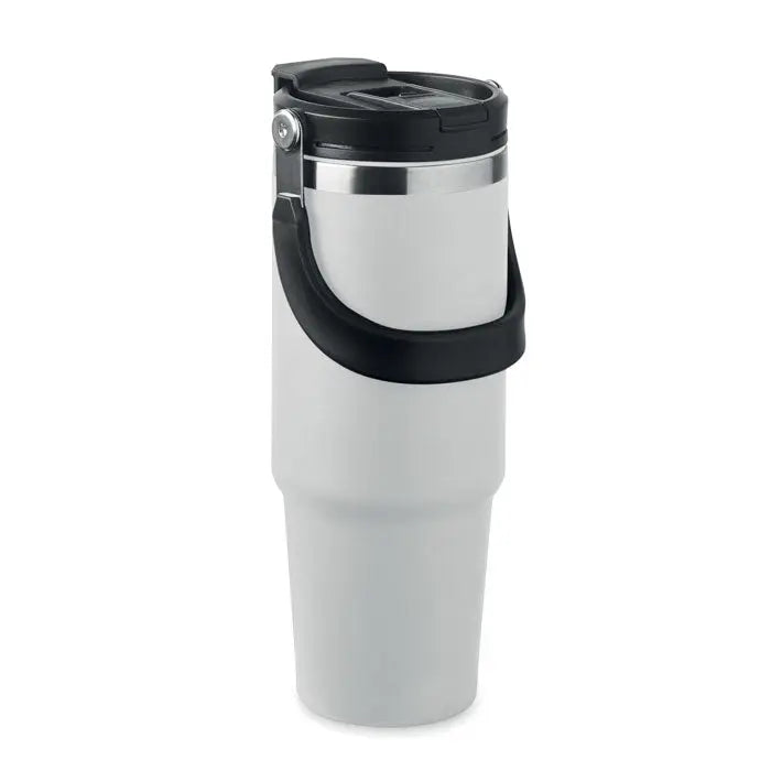 Pahar cu perete dublu 850 ml alb izolat cu capac negru mâner și bandă metalică argintie pentru călătorii